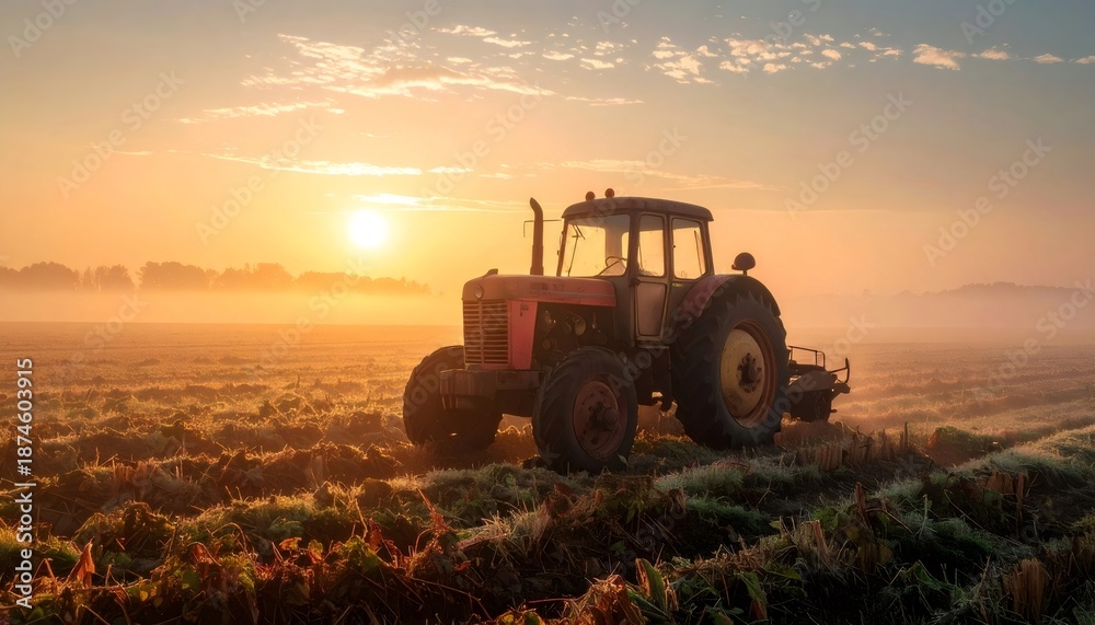 Fototapeta premium Tractor cultivating farm field at misty sunrise
