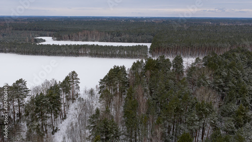 Obraz na plátně Aerial winter view near Nowy Lubiel, Poland, with forests and snowfields