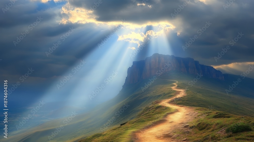 Fototapeta premium A winding mountain path illuminated by dramatic sunbeams breaking through stormy clouds creating an inspiring and hopeful landscape scene
