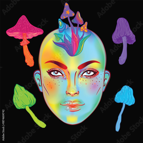 Vector illustration of a woman with mushrooms in a New Age psychedelic style. Concept of psilocybin, consciousness expansion, yoga, spirituality, and hippie culture with symbolic, colorful details.