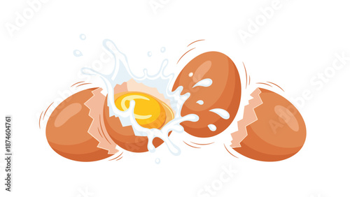 Dynamic illustration of three cracked brown eggs, one bursting open with a bright yellow yolk and a white liquid splash, symbolizing freshness and cooking.