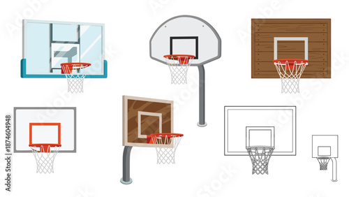 Diverse collection of basketball hoops and backboards featuring various designs, materials, and styles, including modern glass, classic wood, and simple outdoor setups.