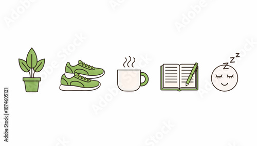 Daily routine and healthy lifestyle icon set. Flat design vector illustration of plant, sneakers, coffee, notebook, and sleep face
