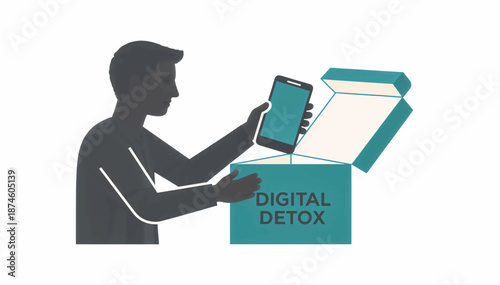 Man putting smartphone in a box for digital detox. Silhouette vector illustration of disconnecting from technology. Mental health concept