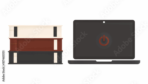 Stack of books and open laptop computer. E-learning and digital education concept. Flat design vector illustration isolated on white background