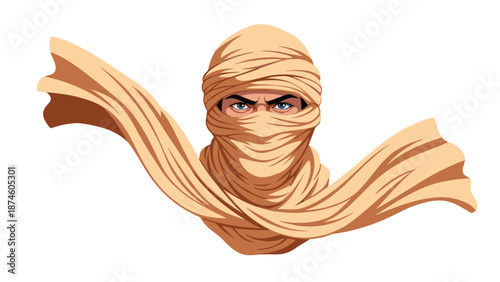 Dynamic illustration of a person with piercing blue eyes, enveloped by a flowing, windswept desert head wrap, evoking a sense of powerful mystery and movement.