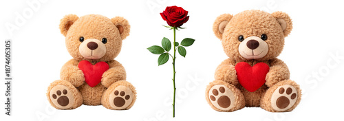 Valentine's Day set. Teddy bears and red rose set on transparent background. Valentine’s Day symbols. Cute romantic gift collection.