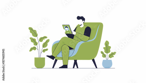 Man sitting in armchair using tablet for video call. Remote work and digital lifestyle concept. Flat design vector illustration