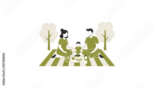 Family picnic in the park. Flat design vector illustration of parents and child eating outdoors. Minimalist graphic isolated on white background