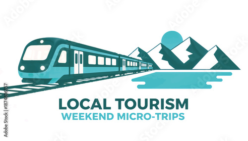 Local tourism and weekend micro-trips concept. Flat design vector illustration of a train in a mountain landscape. Modern travel and transportation graphic isolated on white