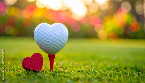 Heart shaped golf ball on tee with small heart on green grass at sunrise