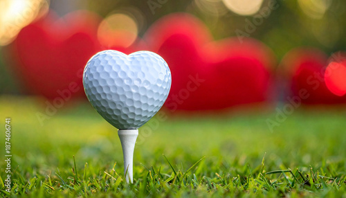 Heart shaped golf ball on tee with red hearts in soft focus background