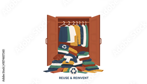 Sustainable fashion and clothing recycling concept. Flat design vector illustration of an open wardrobe with a pile of clothes. Reuse and reinvent textile waste graphic isolated on white