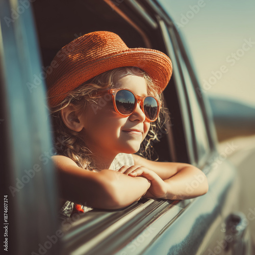 Lebendige Aufnahme eines fröhlichen Kindes, das aus dem Autofenster winkt. Sonnenbrille, warmes Licht und die Bewegung des Fahrzeugs vermitteln Sommer, Freiheit und Urlaubsstimmung. Ideal für Themen w