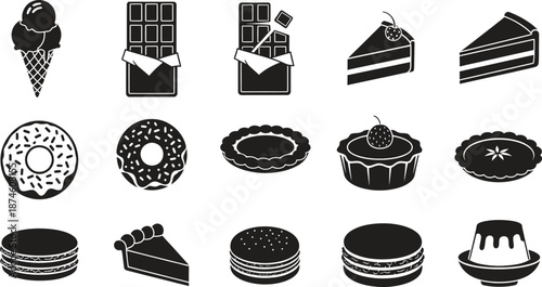 Assorted black and white illustrations of various cakes and desserts