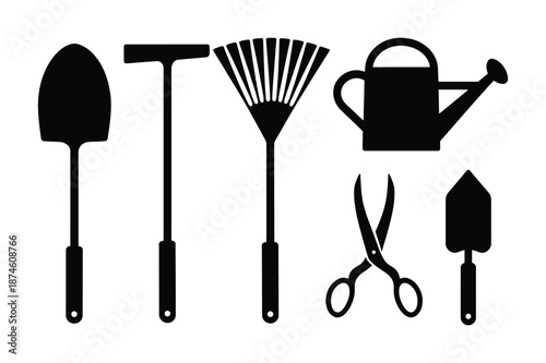 Black silhouettes of gardening tools including shovel and rake