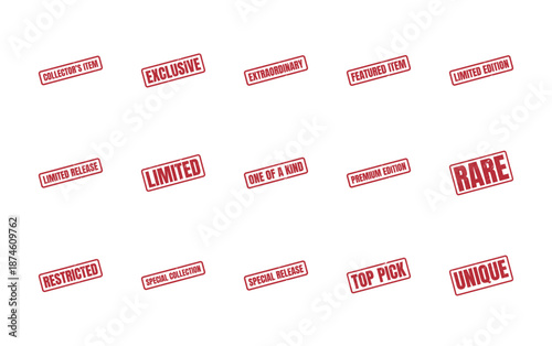 Set of red rubber stamp style icons for exclusive and limited edition items on white background.
