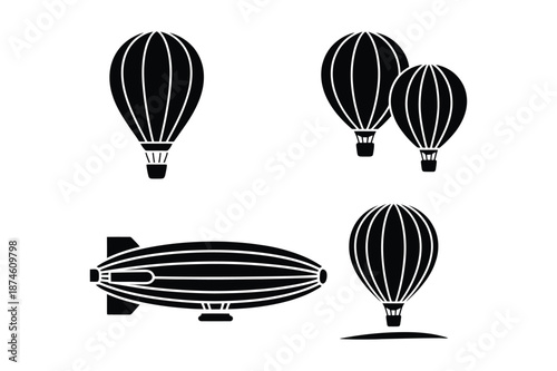 Hot air balloon and dirigible silhouettes for flight concept