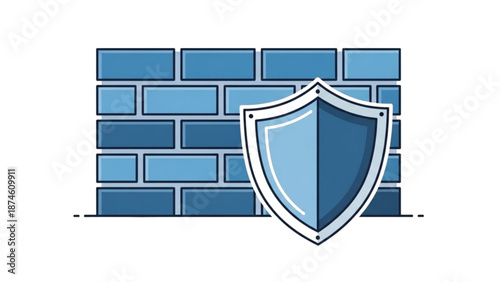 A blue shield icon in front of a blue brick wall on a white background, representing protection and security.