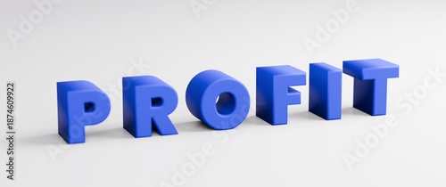 Front view of PROFIT word in blue 3D bold typography on white background. Professional financial growth and business success concept for fintech banners and corporate headers