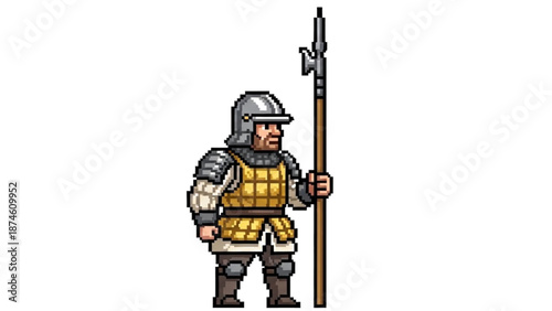 A pixelated illustration of a medieval knight in armor holding a spear