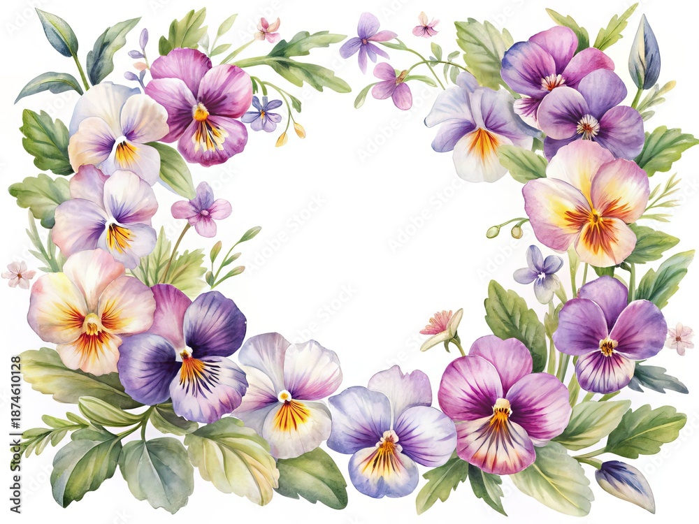 Fototapeta premium Watercolor Floral Wreath with Pansies and Leaves, Elegant Botanical Illustration