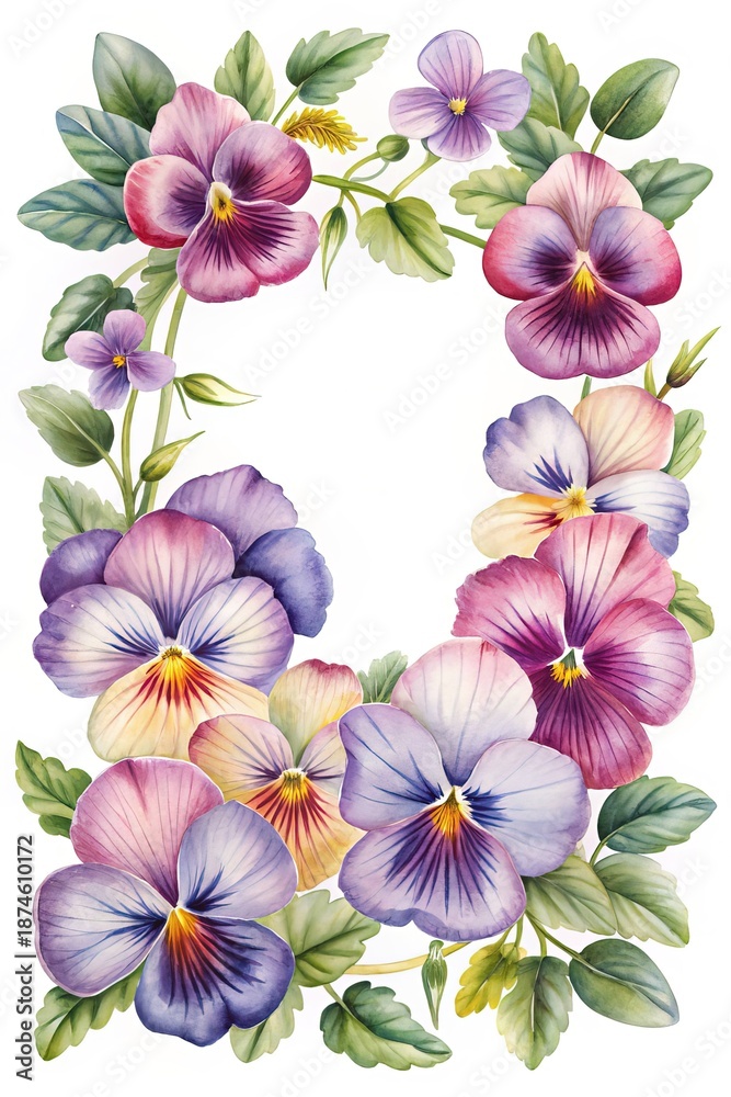 Obraz premium Floral frame watercolor illustration of pansies in various shades of purple and pink