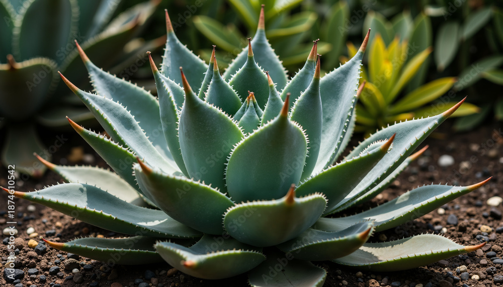 Fototapeta premium Agave plant growing in garden with green leaves and sharp tips 