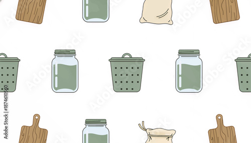 Kitchen and pantry storage seamless pattern. Flat design vector illustration of jars, baskets, and cutting boards. Minimalist kitchenware background