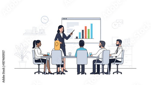 Professional business woman confidently giving an insightful presentation with bar charts on a large screen to a diverse group of attentive colleagues at a modern conference table.