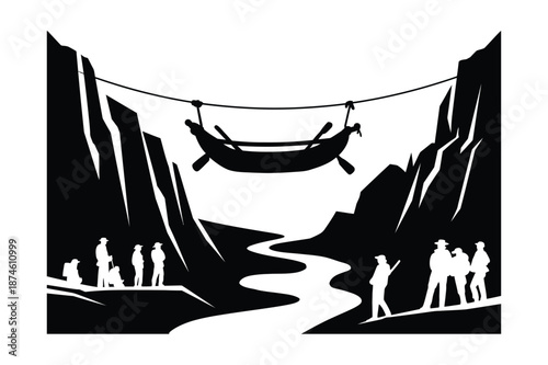 Mountain canyon landscape with hikers and suspended boat
