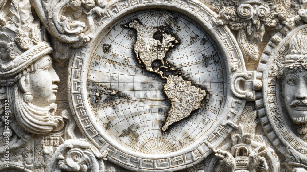Obraz premium Ancient map carved into stone shows the Americas, with figures and designs surrounding the geographical layout in a historical setting.
