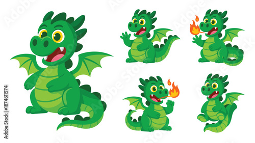 Cute green dragon character in various poses, breathing fire and waving cheerfully