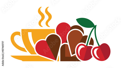 Warm cup of coffee with heart-shaped chocolates and fresh cherries, a sweet treat