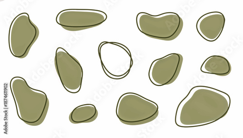 Abstract organic shapes and blobs set. Minimalist hand-drawn line art illustration. Earthy olive green pebbles isolated on white background. Vector graphic elements for modern design