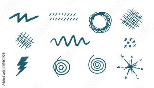 Hand-drawn doodle elements and scribbles set. Sketchy marker style vector illustration. Organic shapes, spirals, and lines isolated on white background. Minimalist graphic design assets