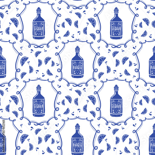 Seamless pattern with vintage tequila and food silhouettes for mexican folk art
