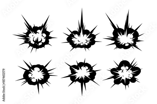 Dynamic black and white explosion bursts set for graphic design and comic illustrations