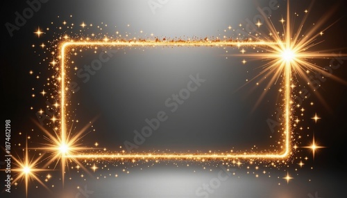 Sparkling Golden Frame with Shimmering Light Effects on a Dark Background for Elegant Designs and Celebrations