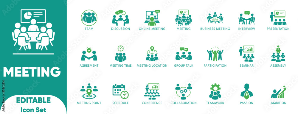 Fototapeta premium Business Meeting Conference Teamwork Collaboration Seminar Presentation Online Work Vector Icon Set