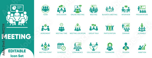 Business Meeting Conference Teamwork Collaboration Seminar Presentation Online Work Vector Icon Set
