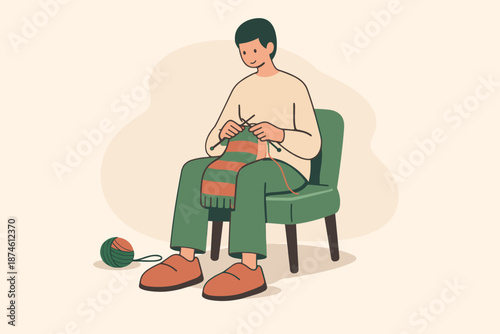 Peaceful Knitting Moment. Quiet person knits a scarf with yarn, needles moving slowly in lap, soft focus and calm evening at home