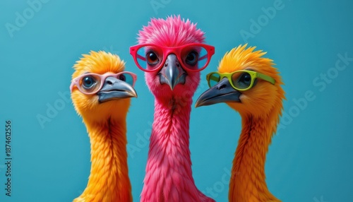 Colorful birds with glasses posing together against a vibrant blue background in a whimsical portrait