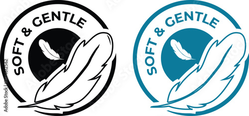 Soft and Gentle text with feather icon in black and blue circular vector labels isolated
