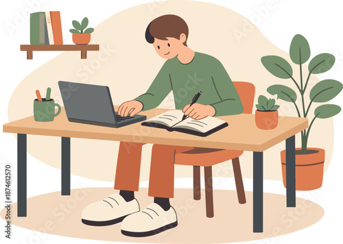 Calm Study Corner. Gentle student studies with a laptop and handwritten notes on a desk, tidy room corner and focused calm | flat