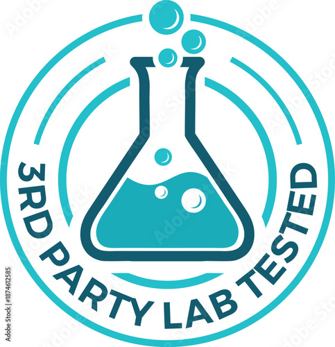 Circular '3RD PARTY LAB TESTED' Vector Badge with Scientific Flask and Bubbles Icon