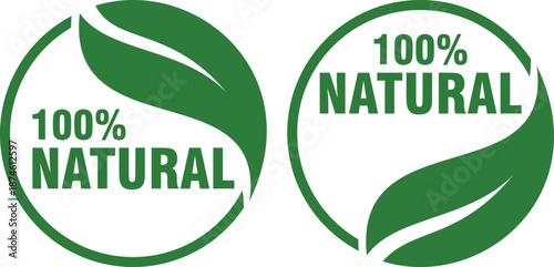 Set of Two Green Circular '100% NATURAL' Leaf Labels Vector Graphic