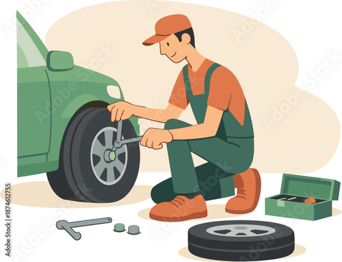 Gentle Mechanic Scene. Gentle mechanic fixes a flat tire beside a parked car, kneeling with tools ready, focused hands and steady