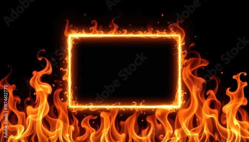 Fiery Flames Surrounding Empty Frame with Black Background for Creative Design and Art Projects