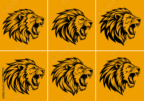 Black and white illustration of a roaring lion head, Detailed Lion Head Illustration in Black and White, a lion head roaring with its mouth open in a simple look a logo silhouette vector illustration